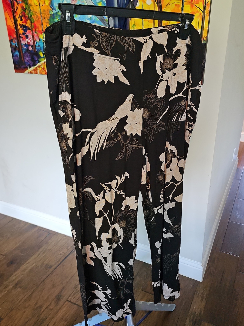 Soma Black Wide-Leg Pants with Cream Floral & Bird Motif #3